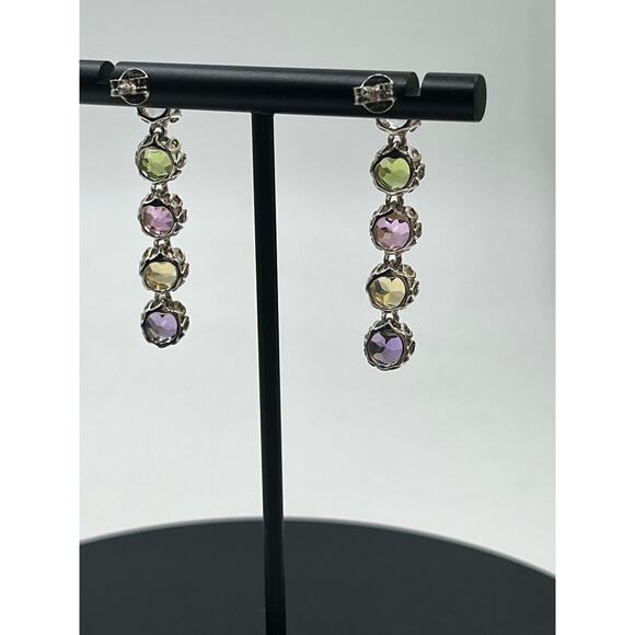 K 925 Sterling Silver Rhodium Semi Precious Multi Gemstone Round Dangle Earrings - Picture 6 of 14